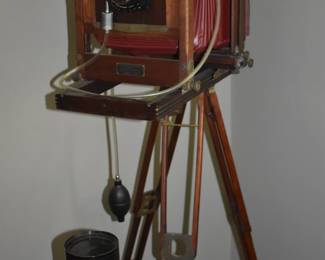Antique Eastman Kodak Field Folding Camera on Tripod complete with folding legs, plunger, and more! Has Wollensak, USA DE TAX No. 4 Lens.