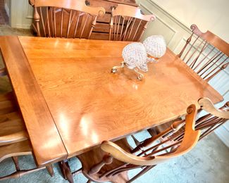 Vintage Ethan Allen trestle dining table + 6 chairs. Table is 38” x 68”, and there are two leaves that fit in the end of the table (not the center). The two leaves each add 15”, increasing the table length to 98”.