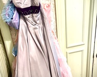 Vintage clothing, including lavender strapless formal/party dress