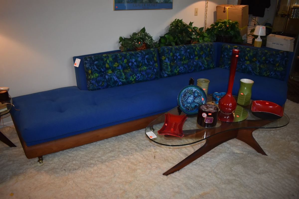 MCM Sofa by Adrian Pearsall Craft Associates Inc. Wilkes-Barre, Penn. Gorgeous "Boomerang" Sofa with Wooden Shelf behind Back Rest where plants are setting. Sofa is 10'10" in length Plus Chair and Ottoman . This set is extremely rare!