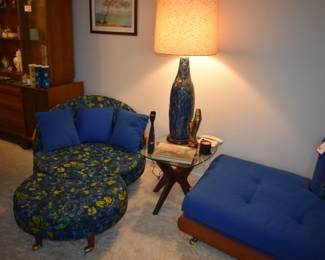 MCM Sofa by Adrian Pearsall Craft Associates Inc. Wilkes-Barre, Penn. Gorgeous "Boomerang" Sofa with Wooden Shelf behind Back Rest where plants are setting. Sofa is 10'10" in length Plus Chair and Ottoman . This set is extremely rare!