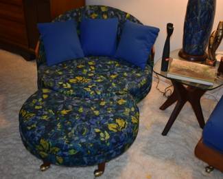 MCM Sofa by Adrian Pearsall Craft Associates Inc. Wilkes-Barre, Penn. Gorgeous "Boomerang" Sofa with Wooden Shelf behind Back Rest where plants are setting. Sofa is 10'10" in length Plus Chair and Ottoman . This set is extremely rare!