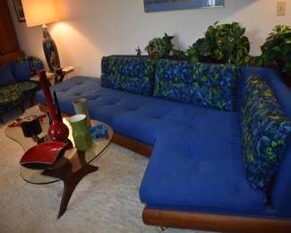MCM Sofa by Adrian Pearsall Craft Associates Inc. Wilkes-Barre, Penn. Gorgeous "Boomerang" Sofa with Wooden Shelf behind Back Rest where plants are setting. Sofa is 10'10" in length Plus Chair and Ottoman . This set is extremely rare!
