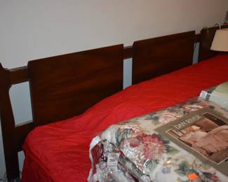 Mid Century Modern Walnut Bedroom Suite featuring Queen Bed with "brutalist" style Head Board, Large Mirrored Dresser with Linen Fold Side Doors with with 3 Pull Out Drawers on each side,  and 4 large Center Drawers, plus Fabulous Linen Fold Chest featuring Linen Fold top drawers opening  up to 4 Pull Out Drawers ( 2 to each side) with 3 large Dresser Drawers on the bottom, plus 2 Matching Beautiful Night Stands.