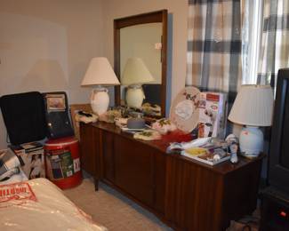 Mid Century Modern Walnut Bedroom Suite featuring Queen Bed with "brutalist" style Head Board, Large Mirrored Dresser with Linen Fold Side Doors with with 3 Pull Out Drawers on each side,  and 4 large Center Drawers, plus Fabulous Linen Fold Chest featuring Linen Fold top drawers opening  up to 4 Pull Out Drawers ( 2 to each side) with 3 large Dresser Drawers on the bottom, plus 2 Matching Beautiful Night Stands.