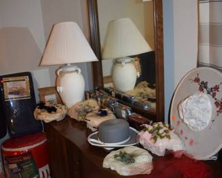 Vintage Hats, Lamp and more Atop this MCM Mirrored Dresser