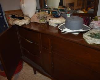 Mid Century Modern Walnut Bedroom Suite featuring Queen Bed with "brutalist" style Head Board, Large Mirrored Dresser with Linen Fold Side Doors with with 3 Pull Out Drawers on each side,  and 4 large Center Drawers, plus Fabulous Linen Fold Chest featuring Linen Fold top drawers opening  up to 4 Pull Out Drawers ( 2 to each side) with 3 large Dresser Drawers on the bottom, plus 2 Matching Beautiful Night Stands.