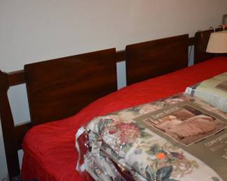 Mid Century Modern Walnut Bedroom Suite featuring Queen Bed with "brutalist" style Head Board, Large Mirrored Dresser with Linen Fold Side Doors with with 3 Pull Out Drawers on each side,  and 4 large Center Drawers, plus Fabulous Linen Fold Chest featuring Linen Fold top drawers opening  up to 4 Pull Out Drawers ( 2 to each side) with 3 large Dresser Drawers on the bottom, plus 2 Matching Beautiful Night Stands.