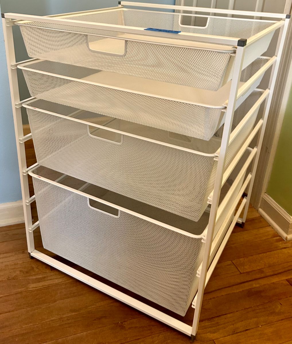 Elfa 7 runner wide basket system with 4 tight mesh drawers 22w x 21d x 29.25”h $60