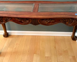 Spoon foot,carved,  glass top Sofa Table 
50w x 17d x 27”h  $75