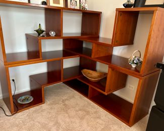 Room & Board Burl Wood 4 piece shelving unit. Each section 59 wide X 17.5 deep X 26” high $165 per section. 
Complete 4 pc unit as pictured $500
