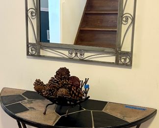 Demi-lune Stone Top Table 37w x 14.5 d x30” h $69.
Mirror 24 x 26” $20