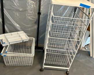 Closet, maid 19” x 22“ x 45“ high five drawer Basket system on wheels with top $75
Elfa 22 inch wide, deep basket, two available $15 each
Elfa 17 inch deep basket $10
