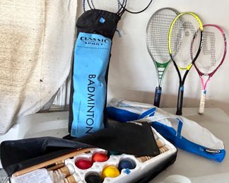 Wilson croquet, travel set, like new $60 
Classic Sport badminton set $10
Wilson volley badminton set
Tennis rackets $5 to 15 each
