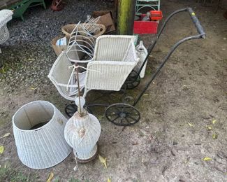 Wicker Stroller and Lamp