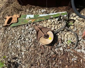 Hand Saw & Vintage Pulley