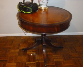 Vintage leather top drum table w/drawer