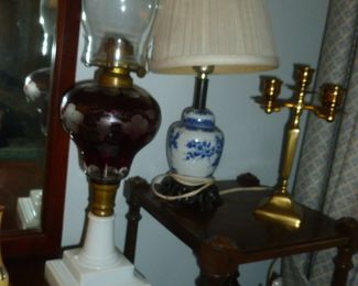 Awesome antique cranberry/milk glass oil lamp