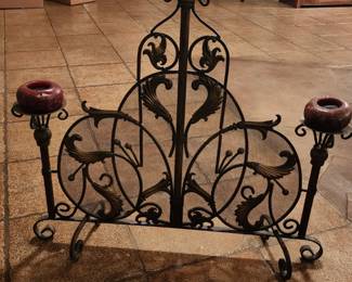 Wrought Iron & Mesh Fireplace Screen with 3 Candlesticks