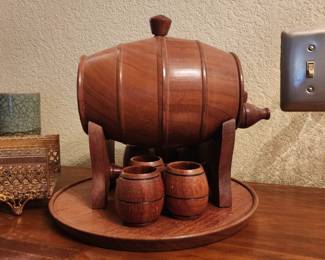 Vintage Wood Whiskey Barrel Keg Decanter with Shot Glasses