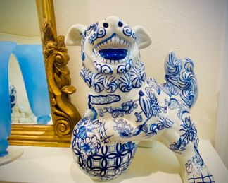 Asian blue and white foo dog, one of pair