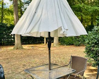 Four Piece Outdoor Furniture Set, Table, Umbrella, Two Chairs (Sold Separately)