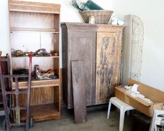 Hand truck, early cupboard ($50), hand truck ($25)
