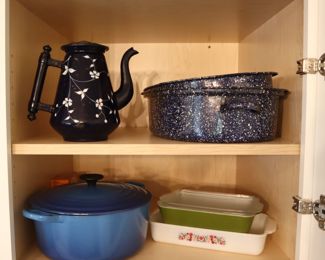 Kitchen, enamel roaster ($25), Le Creuset Dutch Oven ($50)