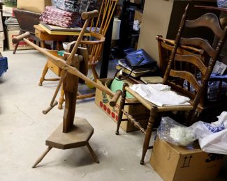 Yarn winder ($25), Windsor writing arm chair ($250), ladder back chair ($25)