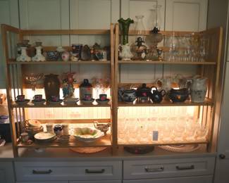 Oil lamps & hurricane shades ($5-50), crystal glasses ($50 for set), porcelain & stoneware ($5-25)