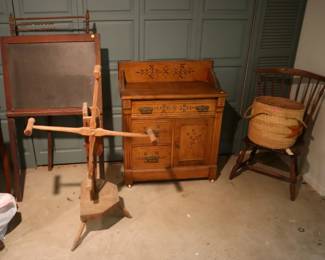 Abacus and chalk board ($25), yarn spinner ($25), Carved washstand ($25), two handled basket ($10), Spindle back chair ($25)