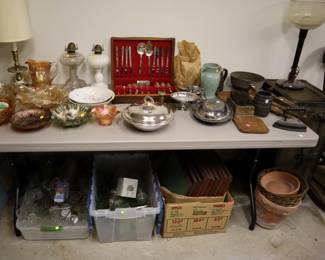Carnival glass ($10-25), oil lamps ($25), Silverplate ($5), Cast iron and woodenware ($5)