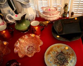 Carnival glass ($25), transferware ($10-25), toleware ($25)