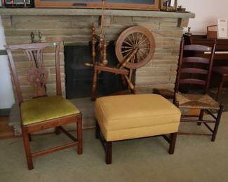 Chippendale side chair and footrest ($50) , spinning wheel ($50),  ladderback chair ($25)