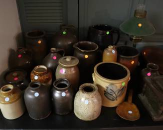Stoneware crocks  ($5-10), lamp ($25), woodenware ($5)