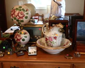 GWTW parlor lamp ($25), wash bowl and pitcher ($25), vanity items ($5-10)