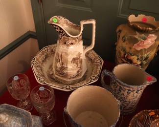 Mulberry transferware pitcher ($50), cut glass ($5), carnival glass ($25), spongeware ($10)