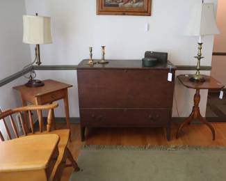 Table lamps ($50), brass candlesticks ($25), Maple side table ($50), early mule chest ($350), leather boxes ($25)