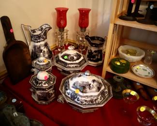 Transferware ($10-50), Cranberry glass hurricane lamps ($100 for pair), woodenware ($10)