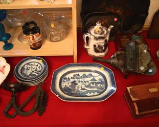 Blue & White ($25), toleware ($5-10), glass and porcelain ($5-10), letterbox ($10), tin scuttle and comb case ($10)