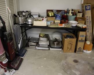 Vacuums ($10), miscellaneous kitchen and household items, groups of  pots and pans ($5)