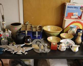 Yellowware bowls ($10-25), stoneware crocks and porcelain ($1-10), lamps ($5-10), Singer Junior Miss Sewing machine ($10)