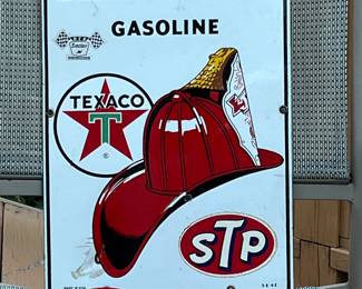 Vintage porcelain Texaco sign and Ertl die cast white flip cab truck.