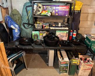 Coleman gas stoves, Coleman lanterns, mesh kits, folding stools, dining canopy and propane heater.