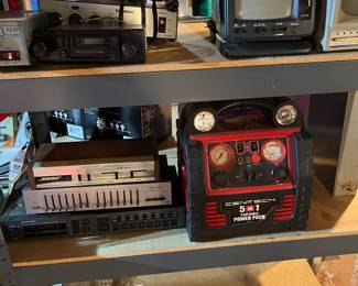 Cen-tech portable 5 in 1 power pack, vintage stereo equipment and portable TVs.