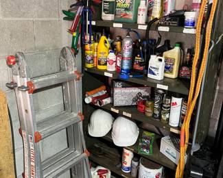 Folding ladder and large variety of automobile supplies, hardhats and towing cable.