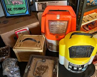 Sarge knives fishing kit. worm boxes, minnow cages, bag of sinkers and framed picture.