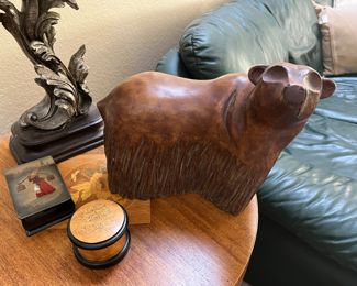 Carved wood bear sculpture, vintage Russian wood box
