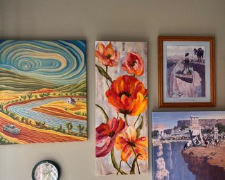 whimsical art pieces, original and prints, including a modernist original by Jono Tew (on left), original Poppies on canvas by Leadville artist Kay Hartzell, Leaning Tree prints