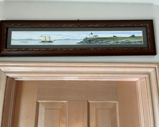 nautical painting by artist M.H. Jacobs - Maine coastline tall ship and lighthouse